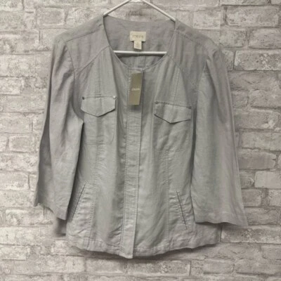 Chico’s Jacket Women’s Large Foiled 100% Linen Shine 3/4 Silver Seagull NWT - Image 1 of 4