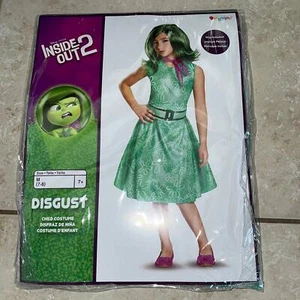 GIRLS DISNEY PIXAR INSIDE OUT 2 DISGUST DRESS, SCARF & WIG COSTUME SIZE M NEW - Picture 1 of 2