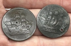 2 LARGE COPPER ANTIQUE new world tokens holed SHIPS COLONIES & COMMERCE 2 types - Picture 1 of 6