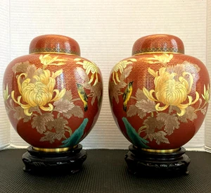 2 VINTAGE CHINESE CLOISONNE LIDDED JARS FLORAL DESIGN  HAND CARVED WOOD STANDS - Picture 1 of 7