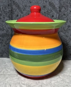 Bote de cerámica Casa Vero rojo azul amarillo verde naranja a rayas 6" de alto - Imagen 1 de 8