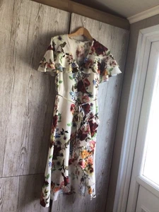 RIVER ISLAND Cream Floral MOCK WRAP Dip Hem DRESS Size 10 - Picture 1 of 4