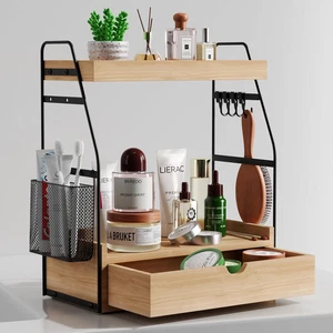2 Tier Bathroom Counter Organizer with Drawer & Basket, Wooden Vanity Tray - Picture 1 of 12
