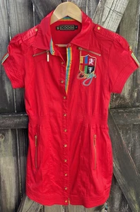 VTG Coogi Red Shirt Dress Y2K Military Style Size M Snap Front Womens Gold Crest - Picture 1 of 16