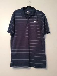 Nike Dri-Fit Polo Shirt Men's Large Navy & White Striped Swoosh Golf Walking - Picture 1 of 10