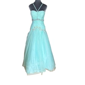 Prom Dress Aqua Tulle Rhinestone Formal Gown Straps Sleeveless - Picture 1 of 8