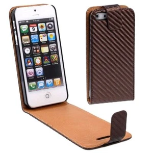 Etui na telefon komórkowy z klapką cienkie carbon look do telefonu komórkowego iPhone 5 i 5s brązowe - Zdjęcie 1 z 3
