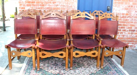 Set of 8 French Antique Oak wood Dining Room Chairs / Red Leather Cover