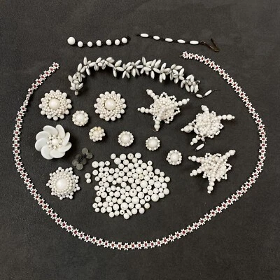 Vintage White Shell & Seed Bead Floral Jewelry Lot Including Necklace - Image 1 of 4