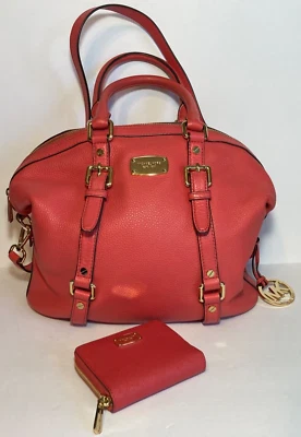 Michael Kors Bedford Legacy Salmon Pink Red Leather Convertible Purse w/ Wallet - Image 1 of 4