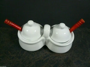 PORCELAIN DOUBLE SIDED WHITE CONDIMENT DISH W/ STAINLESS SPOONS HOUSTON HARVEST - Picture 1 of 5