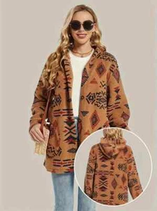 Aztec Print Button Front Fleece Jacket Long Sleeve Hooded with Pockets-Women's S - Picture 1 of 6