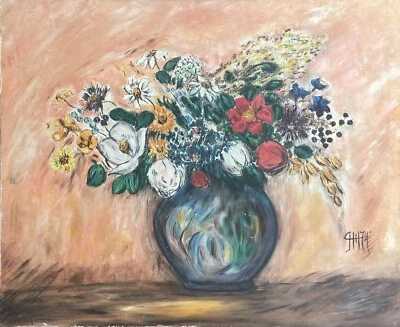 Tableau peinture ancienne nature morte aux fleurs - Photo 1/4