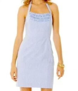 NWT Lilly Pulitzer Maureen Ruffle Halter Dress Blue Lucky Seersucker 2 0 Stripe - Picture 1 of 9
