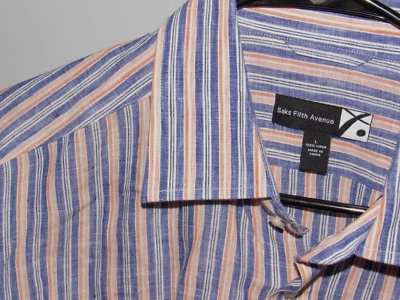 Nuevo sin etiquetas Nuevo SAKS FIVE AVENUE Hombres Camisa Grande Abotonada Lino Azul Blanco Naranja Foto 1 de 4