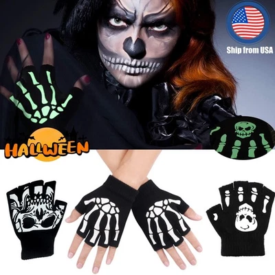 Halloween Esqueleto Guantes Sin Dedos Calavera Medio Dedo Tejido Brillan en la Oscuridad EE. UU. Foto 1 de 4