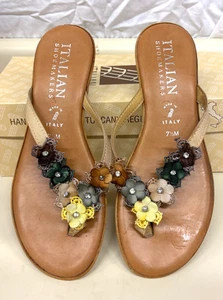 Italienische Schuhmacher Leder Riemen Sandalen 7,5 M hellbraun braun Blumen Flip Flops - Bild 1 von 3