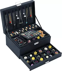 Jewelry Boxes for Women, Black Velvet Organizer with Lock, Earring & Necklace Ho - Picture 1 of 21