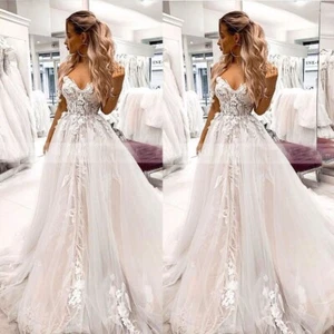 Beach Wedding Dresses Off the Shoulder Lace Appliques Sweep Train Bridal Gown - Picture 1 of 7