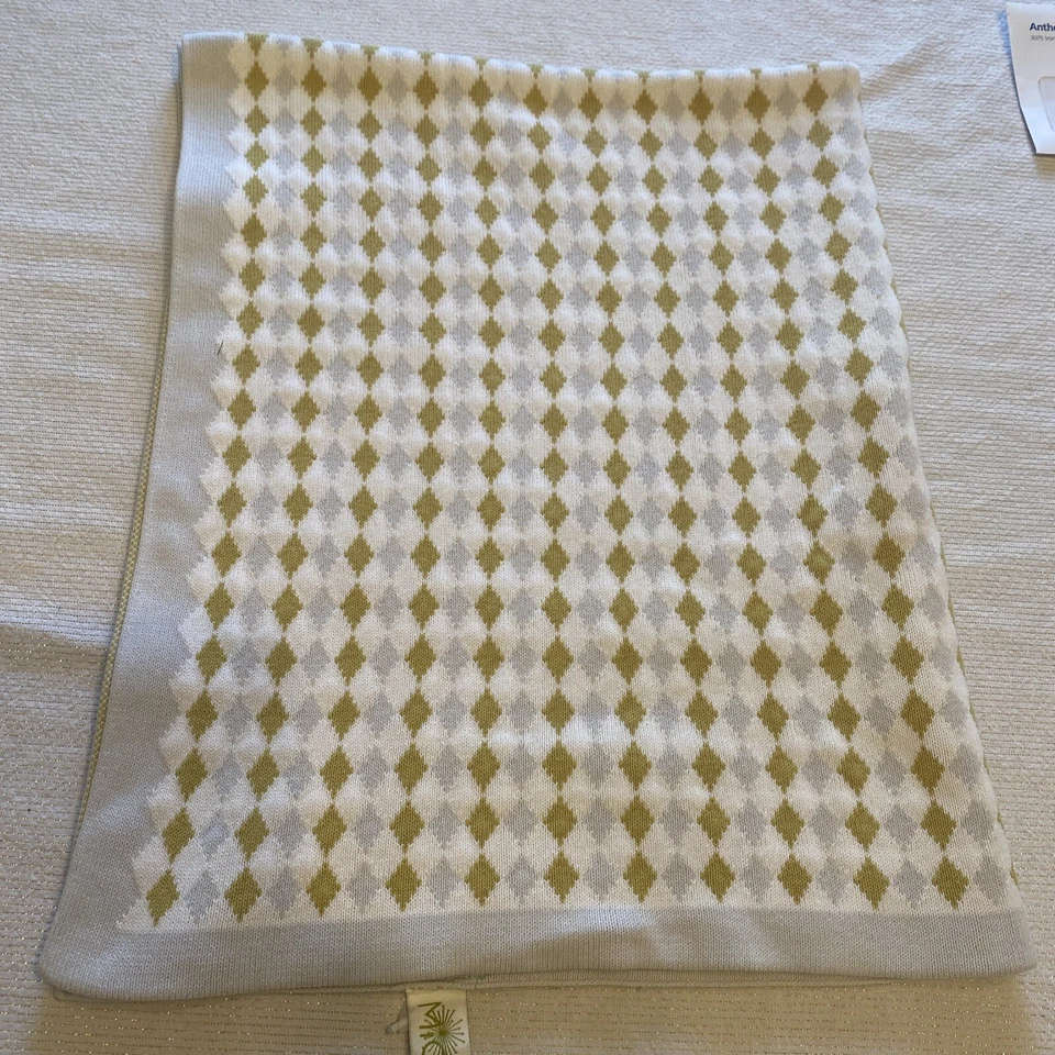 MIGI Baby Blanket Gray Green Diamond Argyle 100% Cotton 32x39 soft knit unisex - Image 1 of 3