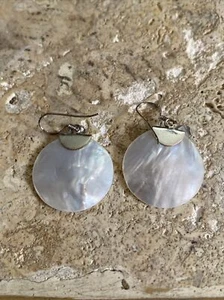 NWT Vintage Sterling Silver 925 Abalone Round Dangle Hook Earrings #2315 - Picture 1 of 7