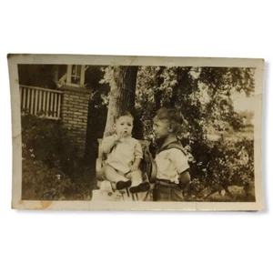 Vintage 1940s 1950s Young Boy And Baby Outside Home Sepia Photo Snapshot - Picture 1 of 3