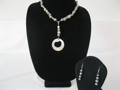 Mother of Pearl Sea Shell Pendant with Black Potato Pearls,+matching earrings. - Image 1 of 3