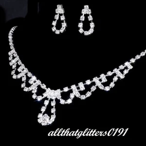 Stunning Crystal Necklace & Earring Set Loop Bow Design Silver Plated - Picture 1 of 1