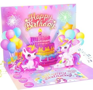 Tarjeta de cumpleaños emergente Unicornios 3D con luces y música, fuegos artificiales, vela soplable - Imagen 1 de 9