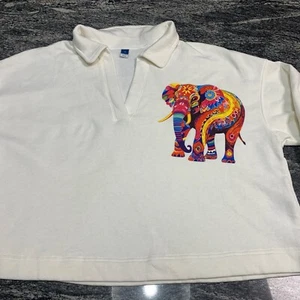 Women’s White Cropped Sweat Shirt Multicolor Elephant Graphic Size 2XL New Tags - Picture 1 of 21