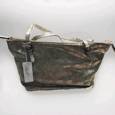 Large Women's Kate & Alex Tote Bag Purse Gold Leather Double Handles Zip Closure - Image 1 of 4