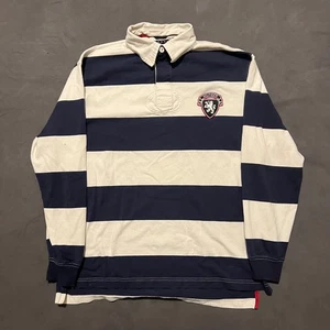 Tommy Hilfiger Y2K Polo Shirt Mens Small White Striped Rugby Crest Logo Cotton - Picture 1 of 7