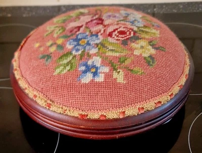 Victorian Style Round Footstool With  Floral Tapestry Top VTG 10" Diameter READ - Image 1 of 4