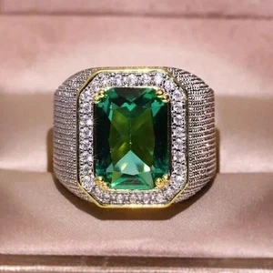 2Ct Emerald Cut Lab Created Green Emerald Wedding Ring 14K Yellow Gold Plated - Picture 1 of 5