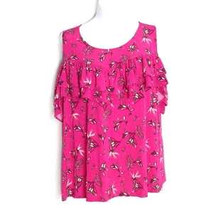 Lane Bryant Cold Shoulder Ruffle Blouse size 26-28 Pink Floral Keyhole - Picture 1 of 4