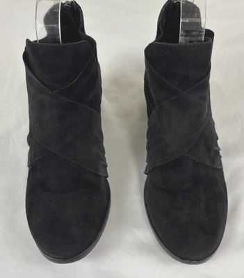 Eileen Fisher Irwin Ankle Boots Sz 7.5 Strapy Black Suede Leather Booties Preppy - Image 1 of 4