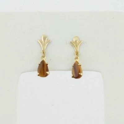 Pendientes colgantes de oro amarillo de 14k con ojo de tigre natural Foto 1 de 4