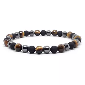 Bracciale occhio di tigre ematite perle nero in pietre dure da uomo braccialetto - Foto 1 di 4
