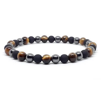 Bracciale occhio di tigre ematite perle nero in pietre dure da uomo braccialetto - Immagine 1 di 4