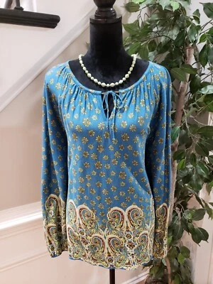 Jones New York Women's Blue Floral Cotton V-Neck Long Sleeve Top Blouse Size XL - Image 1 of 4