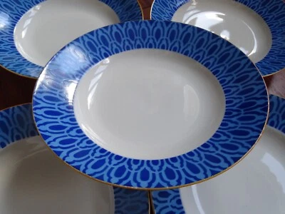 LIMOGES 5 ANCIENNES ASSIETTES CREUSE A SOUPE EN PORCELAINE COULEUR BLEU ART DECO - Photo 1/4