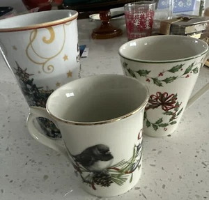 3 Christmas Mugs Lenox Holiday & Winter Greetings And A Williams-Sonoma Latta - Picture 1 of 12