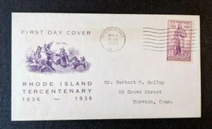 1936 Rhode Island Tercentenary FDC 777 34 Cover to Norwich Connecticut - Picture 1 of 2