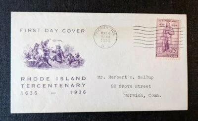 1936 Rhode Island Tercentenary FDC 777 34 Cover to Norwich Connecticut - Image 1 of 2