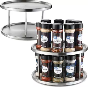2 Tier Lazy Susan Stainless Steel 360 Degree Turntable Rotating Tabletop Stand - Picture 1 of 12
