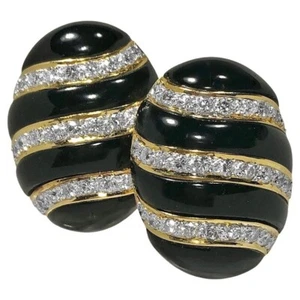 Large Scale 18K Yellow Gold, Oval Shaped Onyx Earrings with Diamond Strips - Picture 1 of 8