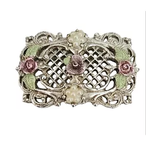 1928 Brand Silver Tone Faux Pearl Enamel Rose Pin Brooch K388 - Picture 1 of 8