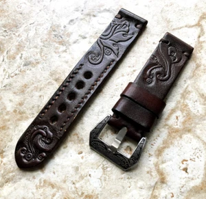 Dark Brown Floral Embossed Handmade Band for Google Pixel Watch 3 45mm -A22 - Picture 1 of 7