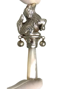 Baby Rattle 925 Sterling Silver Dog Puppy Bells Mother of Pearl A Beautiful Gift - Picture 1 of 12