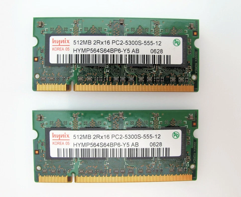 Hynix Laptop Memory (2 X 512MB) 2RX16 PC2-5300S-555-12 HYMP564S64BP6-Y5 AB 0628 - Image 1 of 4